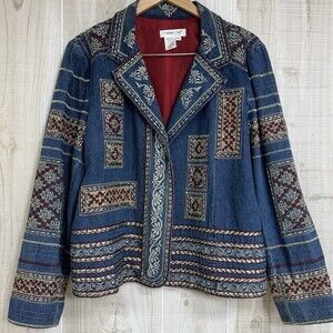 Vintage Coldwater Creek Embroidered Denim Blazer Boho Folk Statement‎ Jacket LP